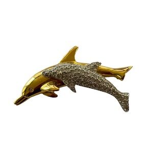 Gold‎ And Rhinestone Dolphin/ Porpoise Brooch Pin